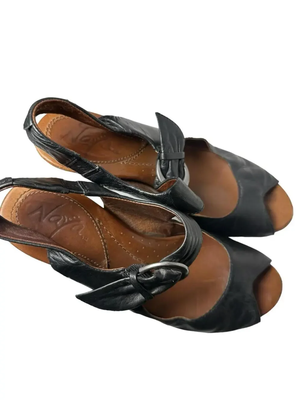 Naya Arvada Black Leather Slingback Peep-Toe Heels Sandals Size 8 M